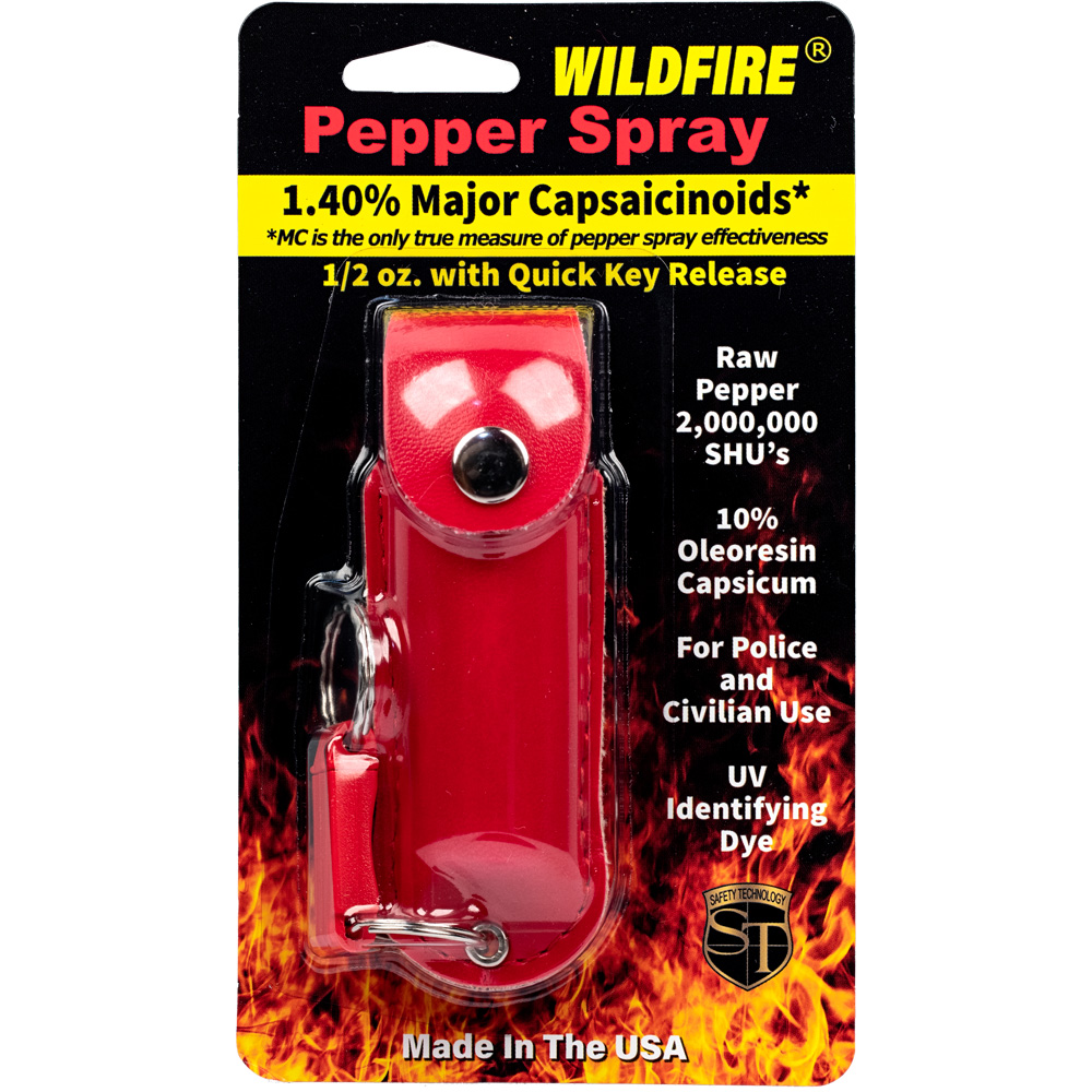Wildfire 1.4% MC 1/2 oz pepper spray leatherette holster and quick release keychain red